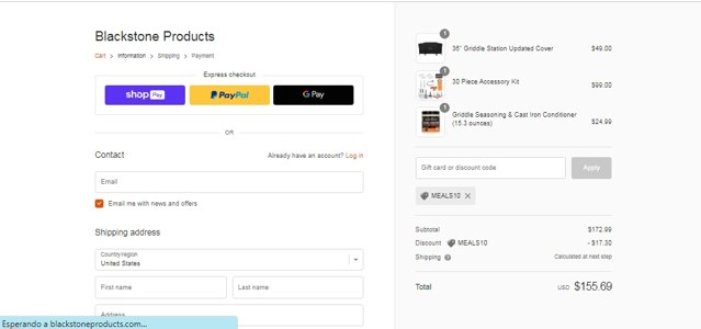 Blackstone Products checkout page showing Blackstone Products promo code box | Screenshot taken by SimplyCodes community member on Jul 23, 2023