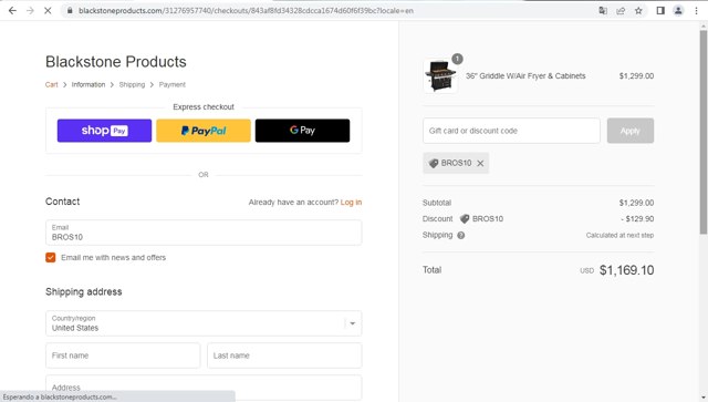 Blackstone Products checkout page showing Blackstone Products promo code box | Screenshot taken by SimplyCodes community member on Jul 28, 2023