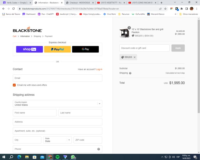 Blackstone Products checkout page showing Blackstone Products promo code box | Screenshot taken by SimplyCodes community member on Sep 15, 2023