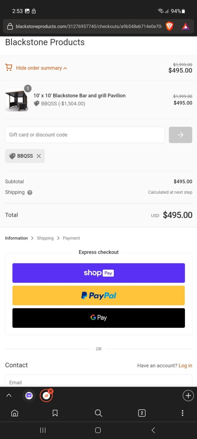 Blackstone Products checkout page showing Blackstone Products promo code box | Screenshot taken by SimplyCodes community member on Aug 17, 2023