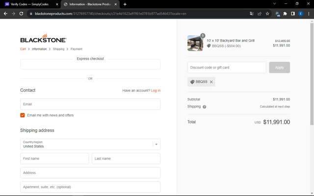 Blackstone Products checkout page showing Blackstone Products promo code box | Screenshot taken by SimplyCodes community member on Oct 9, 2023