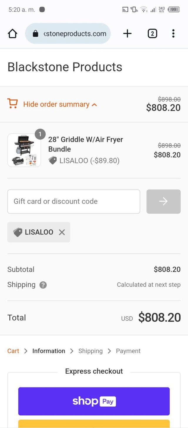 Blackstone Products checkout page showing Blackstone Products promo code box | Screenshot taken by SimplyCodes community member on Aug 18, 2023