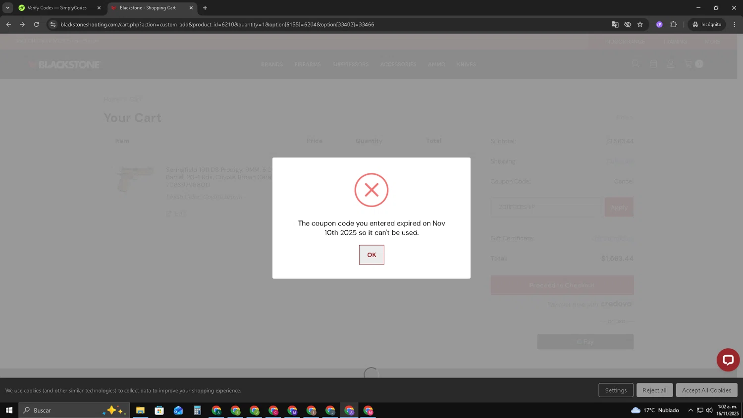 Blackstone Shooting promo code screenshot showing code 2011FREESHIP applied at Blackstone Shooting checkout page. Uploaded by SimplyCodes community member SAKURA on Nov 16, 2025