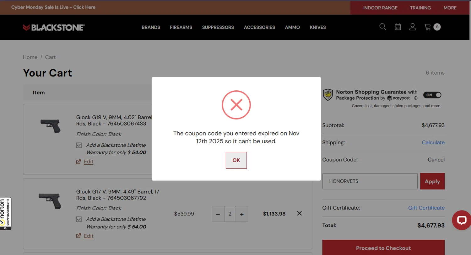 Blackstone Shooting promo code screenshot showing code HONORVETS applied at Blackstone Shooting checkout page. Uploaded by SimplyCodes community member CodeVirtuoso1353 on Dec 2, 2025