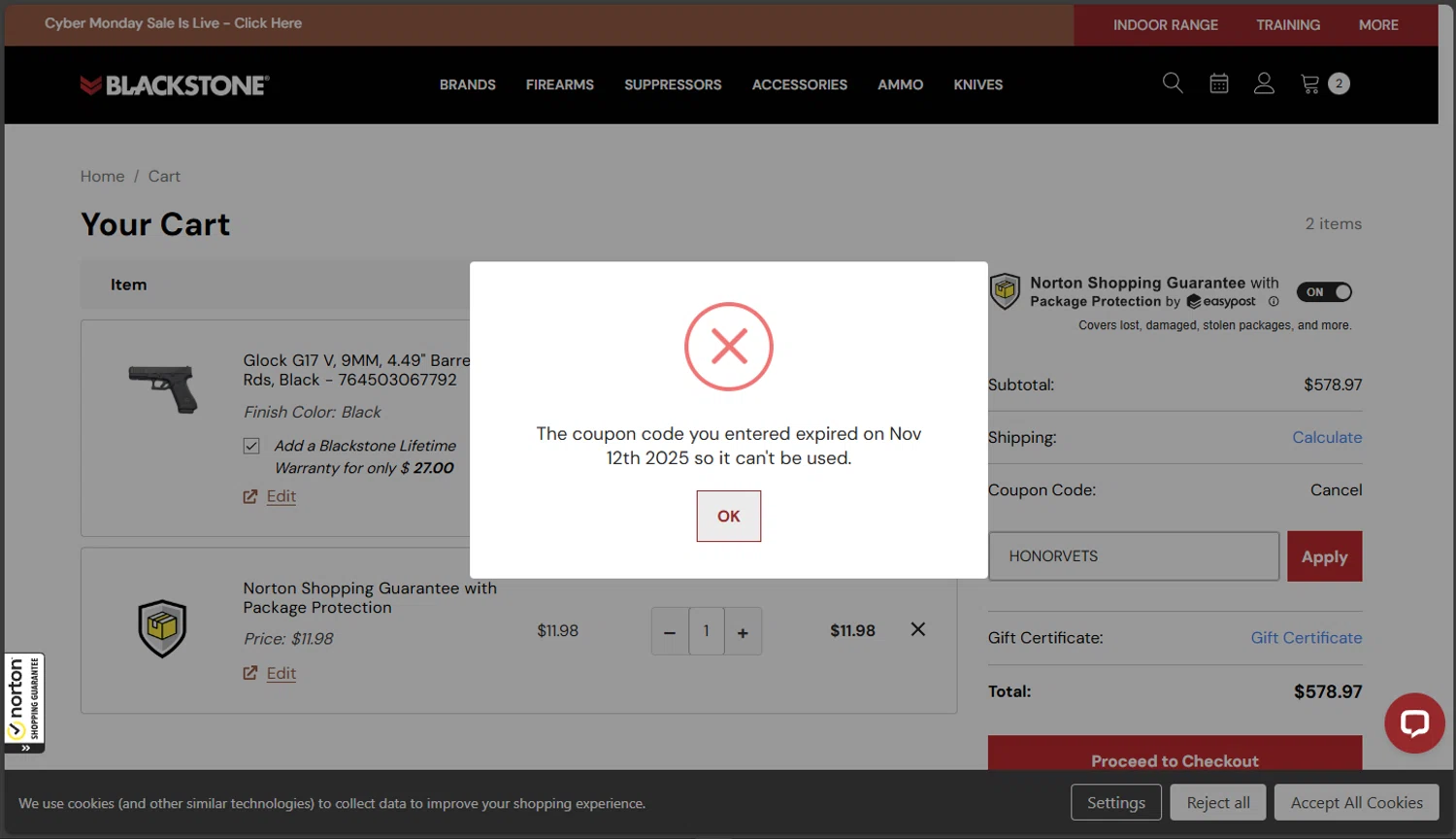 Blackstone Shooting promo code screenshot showing code HONORVETS applied at Blackstone Shooting checkout page. Uploaded by SimplyCodes community member TokioMiller on Dec 2, 2025