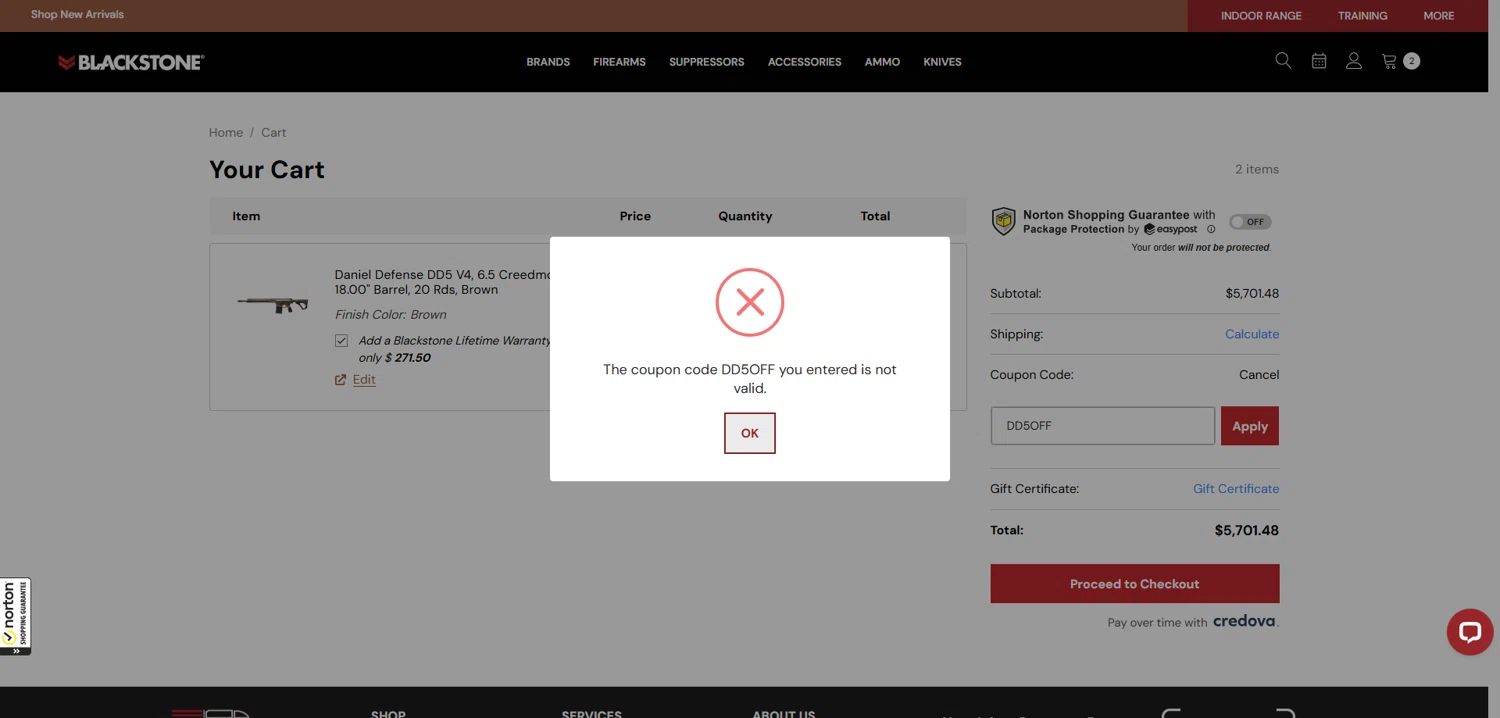 Blackstone Shooting promo code screenshot showing code DD5OFF applied at Blackstone Shooting checkout page. Uploaded by SimplyCodes community member CleverWizard6538 on Dec 9, 2025
