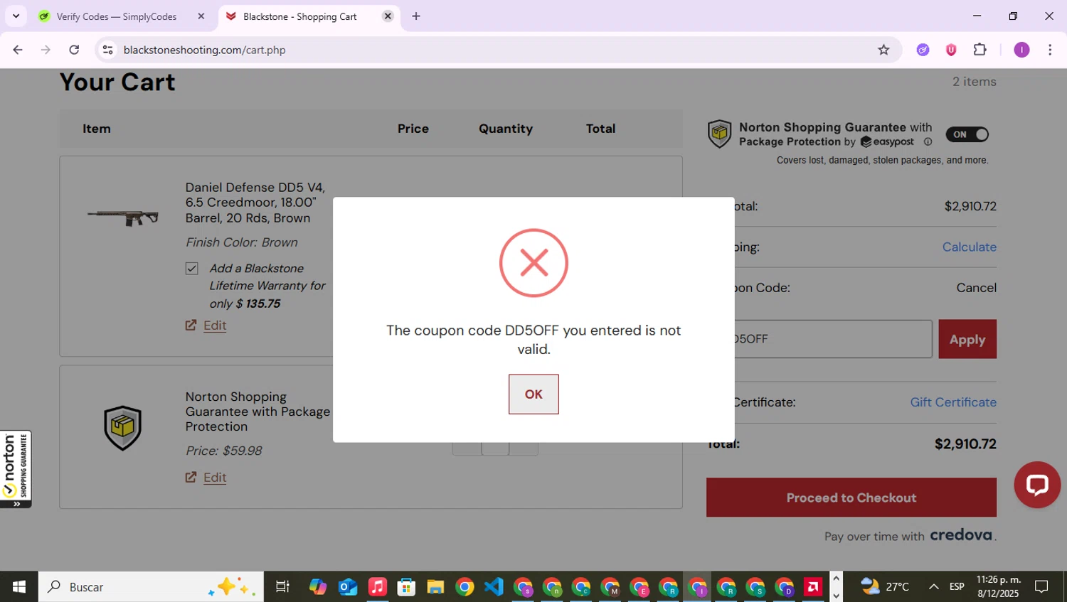 Blackstone Shooting promo code screenshot showing code DD5OFF applied at Blackstone Shooting checkout page. Uploaded by SimplyCodes community member RebateAce6764 on Dec 9, 2025