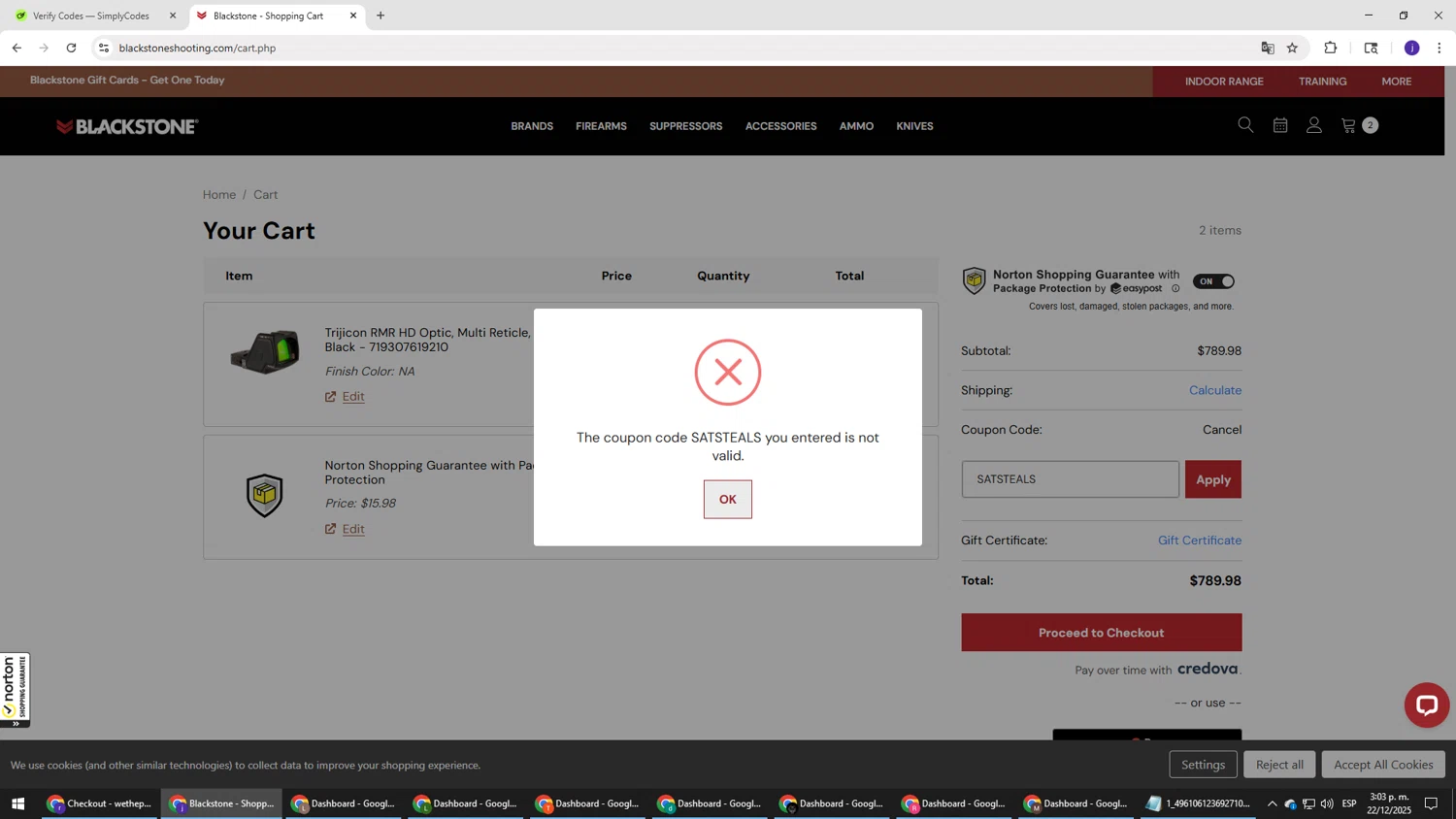 Blackstone Shooting promo code screenshot showing code SATSTEALS applied at Blackstone Shooting checkout page. Uploaded by SimplyCodes community member simplycodesssss on Dec 22, 2025