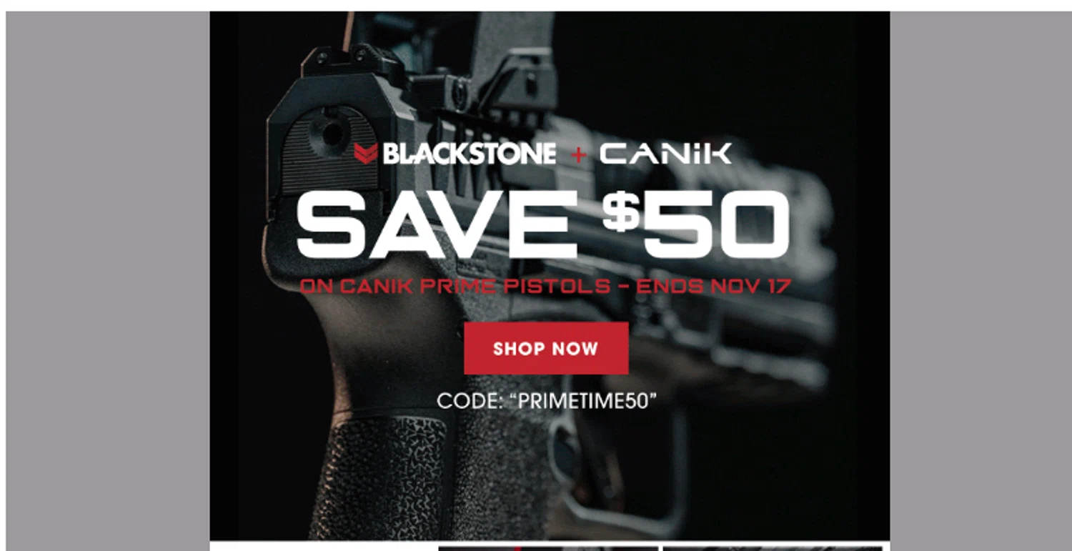 Blackstone Shooting promo code screenshot showing code PRIMETIME50 applied at Blackstone Shooting checkout page. Uploaded by SimplyCodes community member Aressss on Nov 13, 2025