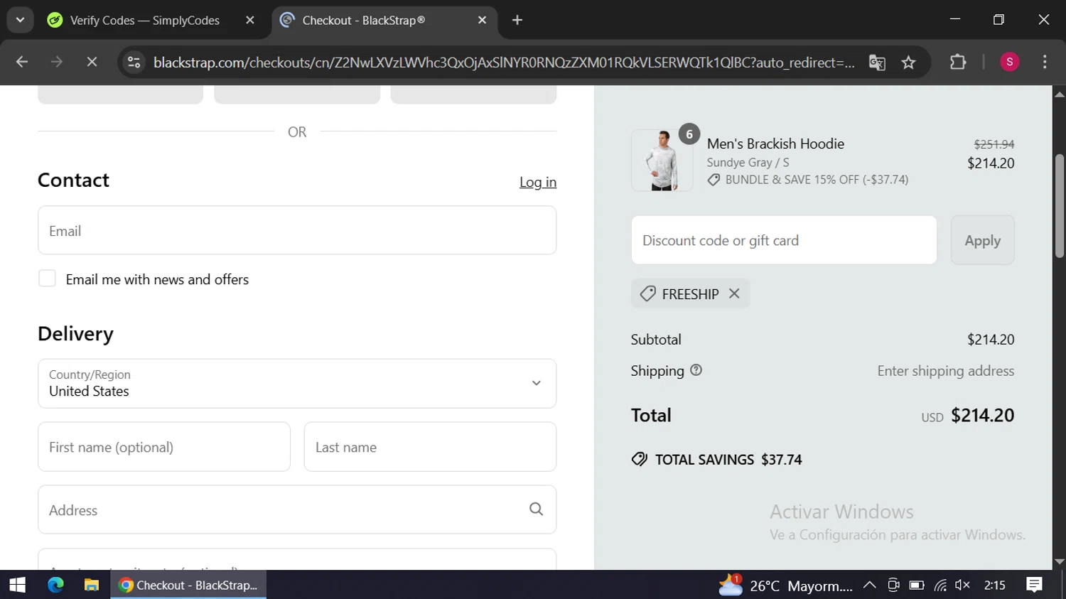 BlackStrap discount code screenshot showing code FREESHIP applied at BlackStrap checkout page. Uploaded by SimplyCodes community member swiftie on Apr 28, 2025