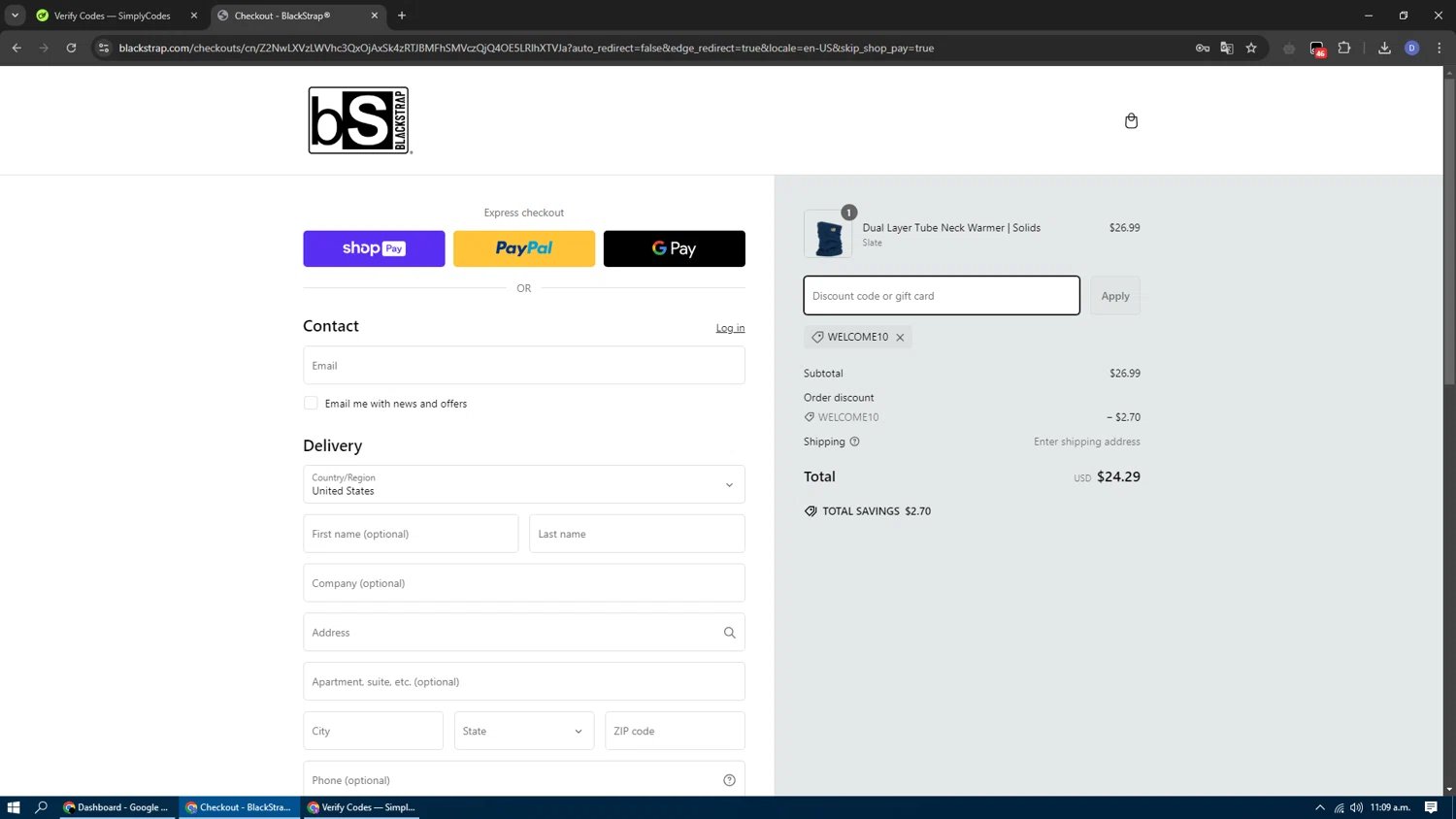 BlackStrap discount code screenshot showing code WELCOME10 applied at BlackStrap checkout page. Uploaded by SimplyCodes community member Dennyguillermo on Feb 27, 2025