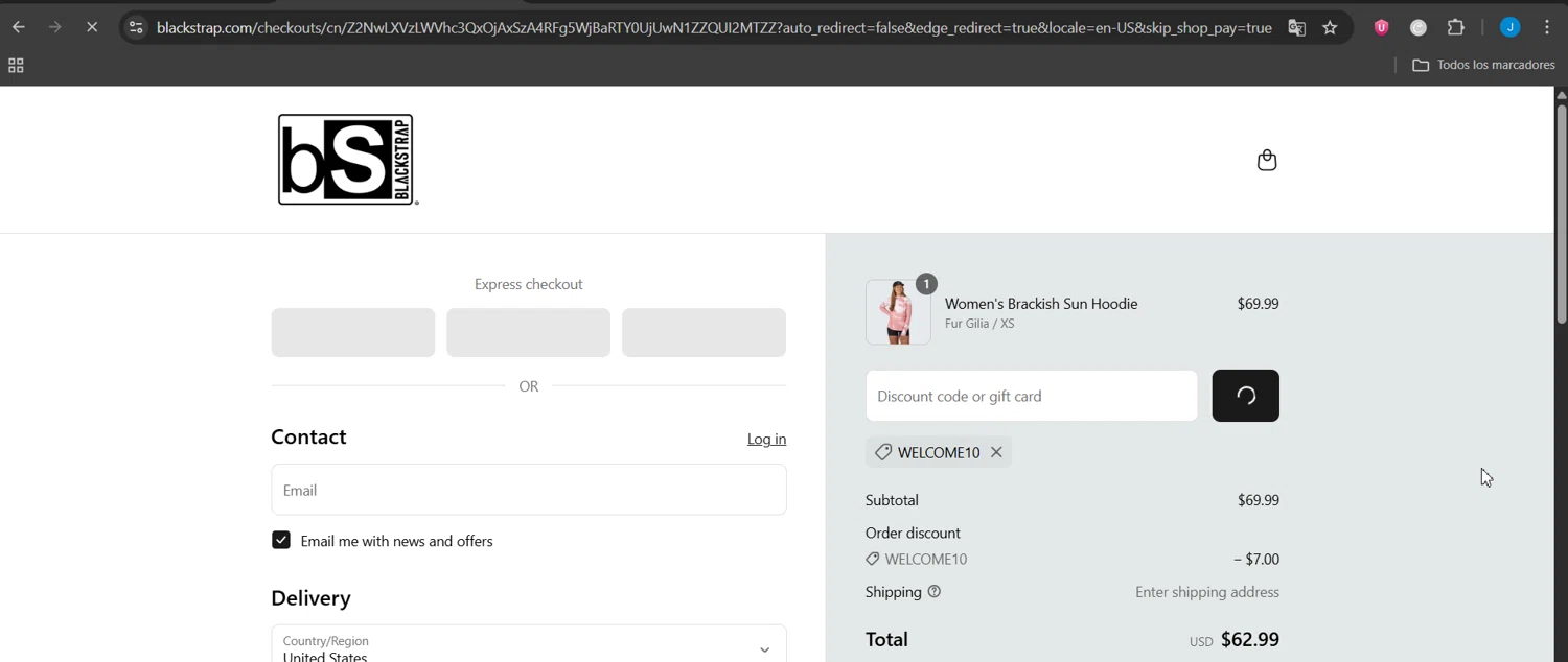 BlackStrap discount code screenshot showing code WELCOME10 applied at BlackStrap checkout page. Uploaded by SimplyCodes community member Jeanjc on Jul 16, 2025