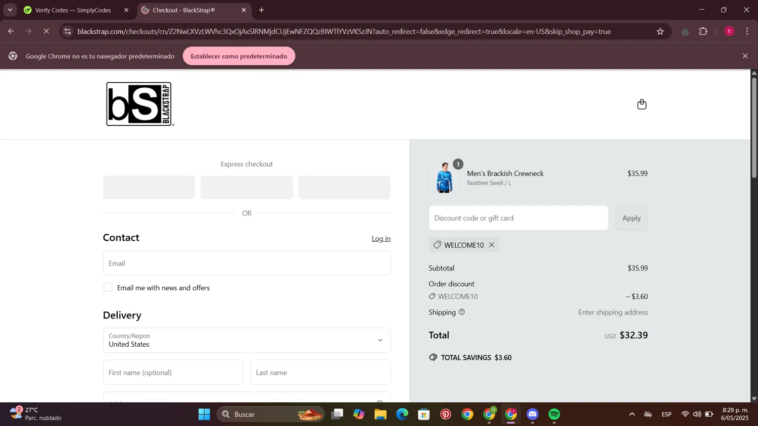 BlackStrap discount code screenshot showing code WELCOME10 applied at BlackStrap checkout page. Uploaded by SimplyCodes community member RewardElite5744 on May 7, 2025