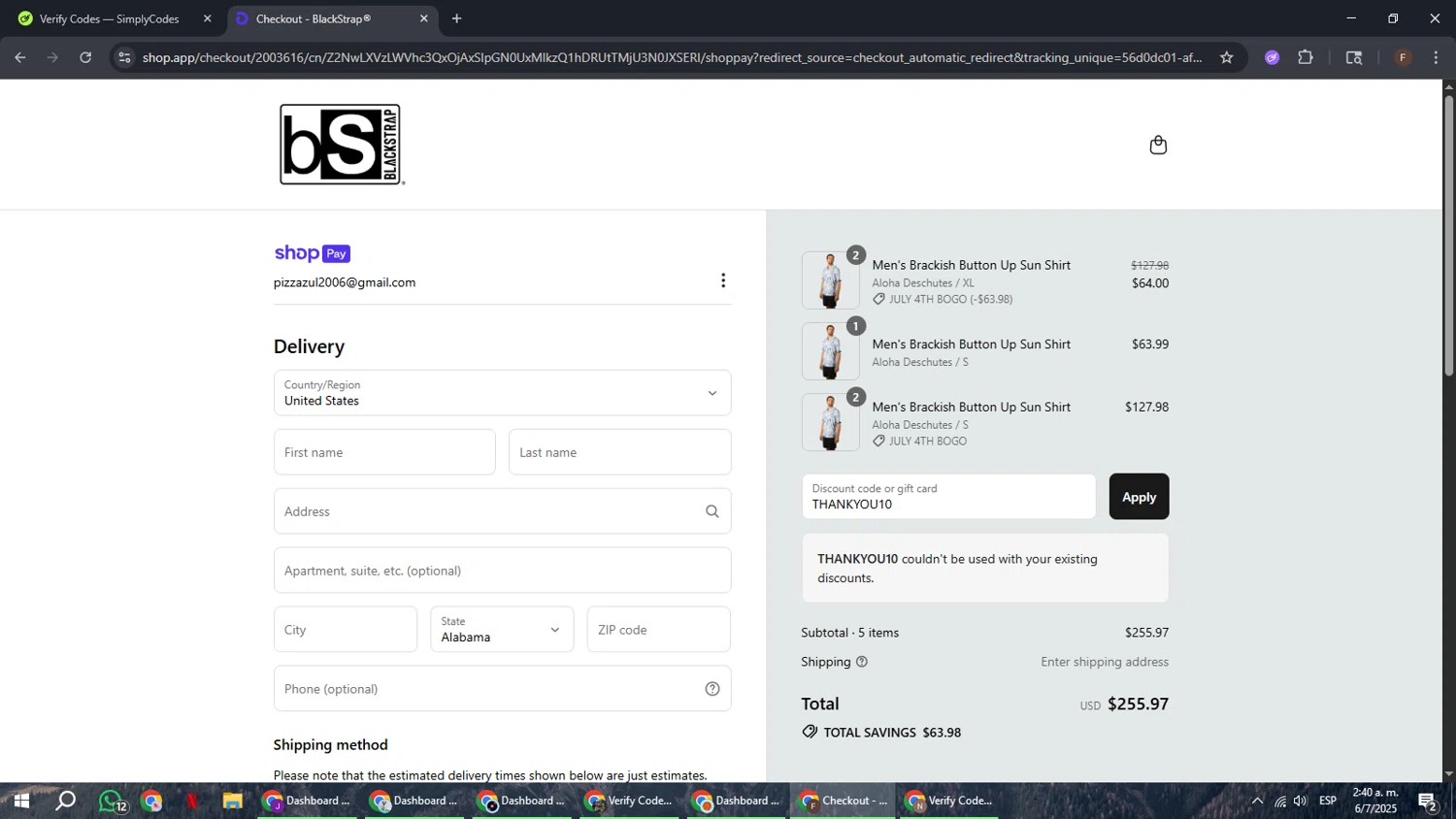 BlackStrap discount code screenshot showing code THANKYOU10 applied at BlackStrap checkout page. Uploaded by SimplyCodes community member ExtraordinaryHunter3076 on Jul 6, 2025