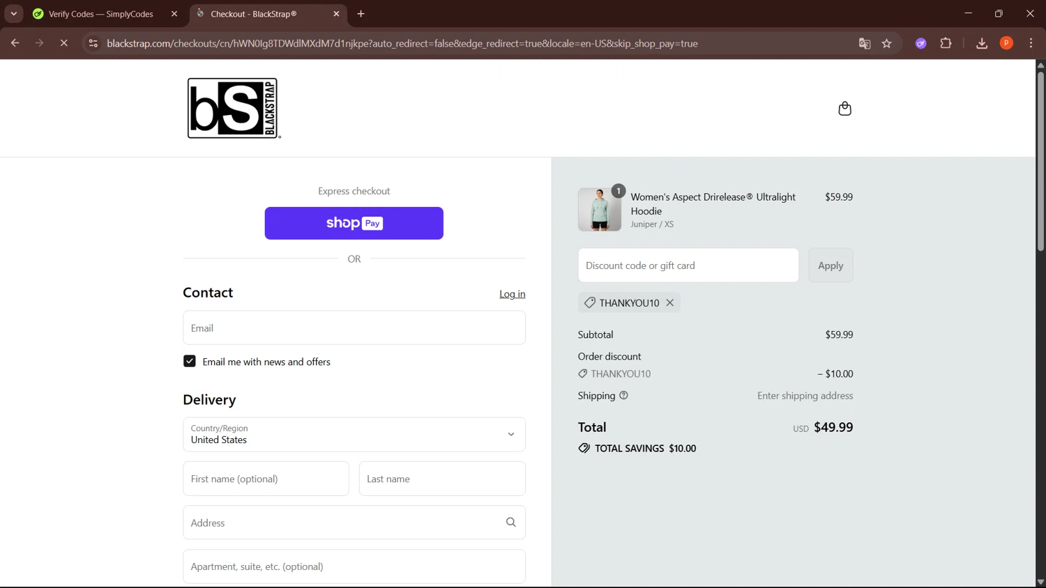 BlackStrap discount code screenshot showing code THANKYOU10 applied at BlackStrap checkout page. Uploaded by SimplyCodes community member LegendaryPro3698 on Jul 6, 2025