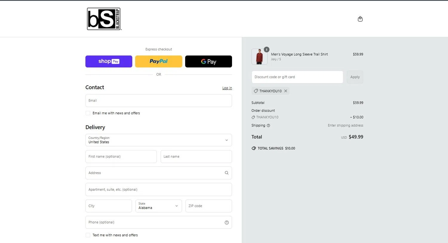 BlackStrap discount code screenshot showing code THANKYOU10 applied at BlackStrap checkout page. Uploaded by SimplyCodes community member VictoriousSpotter2855 on Jun 16, 2025