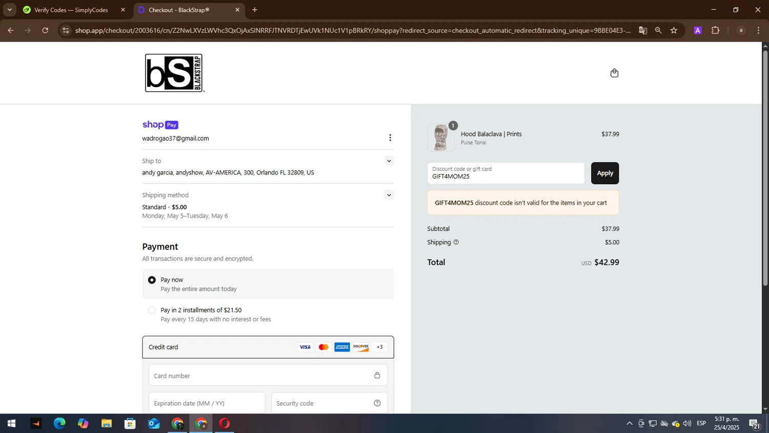 BlackStrap discount code screenshot showing code GIFT4MOM25 applied at BlackStrap checkout page. Uploaded by SimplyCodes community member lisandro on Apr 25, 2025