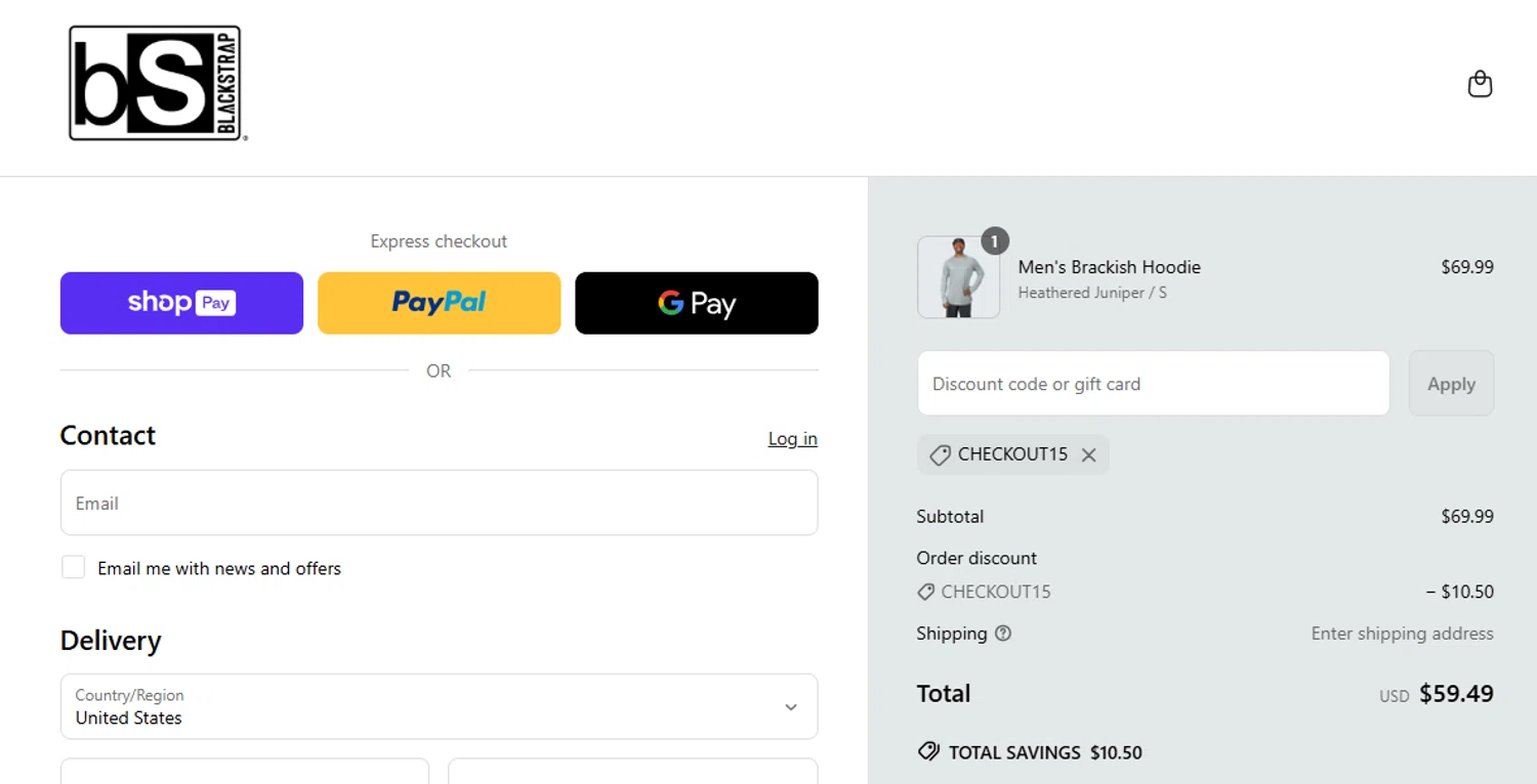BlackStrap discount code screenshot showing code CHECKOUT15 applied at BlackStrap checkout page. Uploaded by SimplyCodes community member alfonsobriceo on May 21, 2025