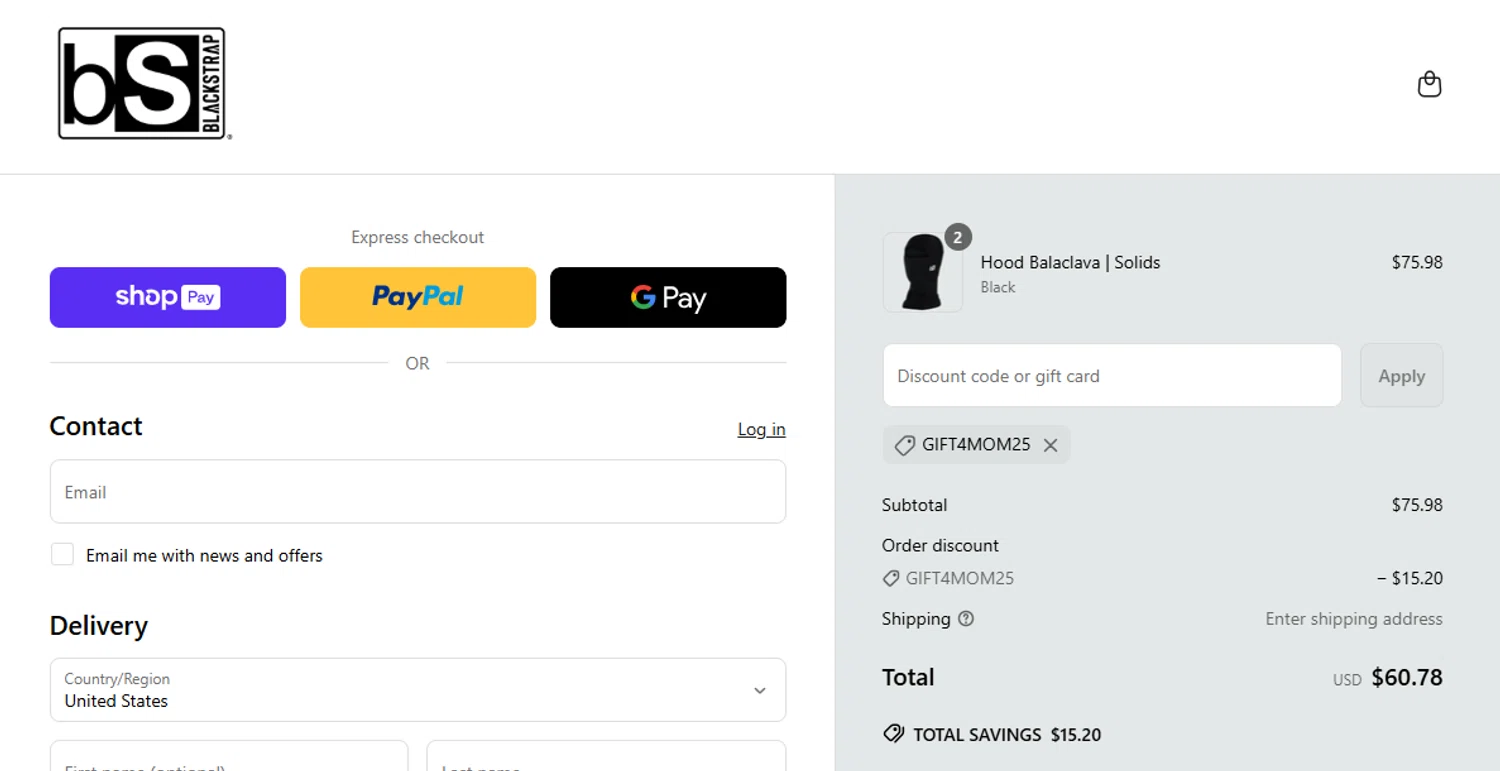BlackStrap discount code screenshot showing code GIFT4MOM25 applied at BlackStrap checkout page. Uploaded by SimplyCodes community member alfonsobriceo on Apr 25, 2025