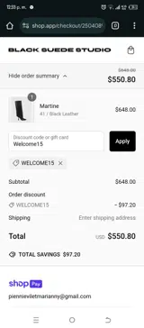Welcome15 coupon verification screenshot