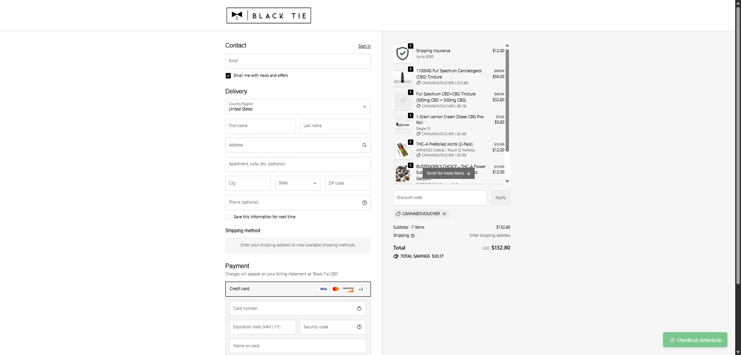 Black Tie CBD checkout page showing Black Tie CBD discount code box | Screenshot taken by SimplyCodes community member on Feb 6, 2026