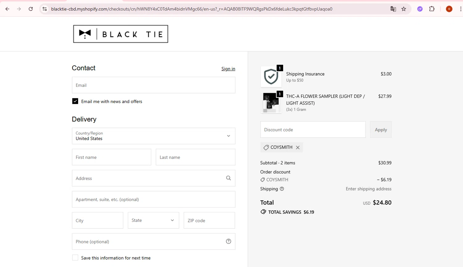 Black Tie CBD checkout page showing Black Tie CBD discount code box | Screenshot taken by SimplyCodes community member on Feb 8, 2026
