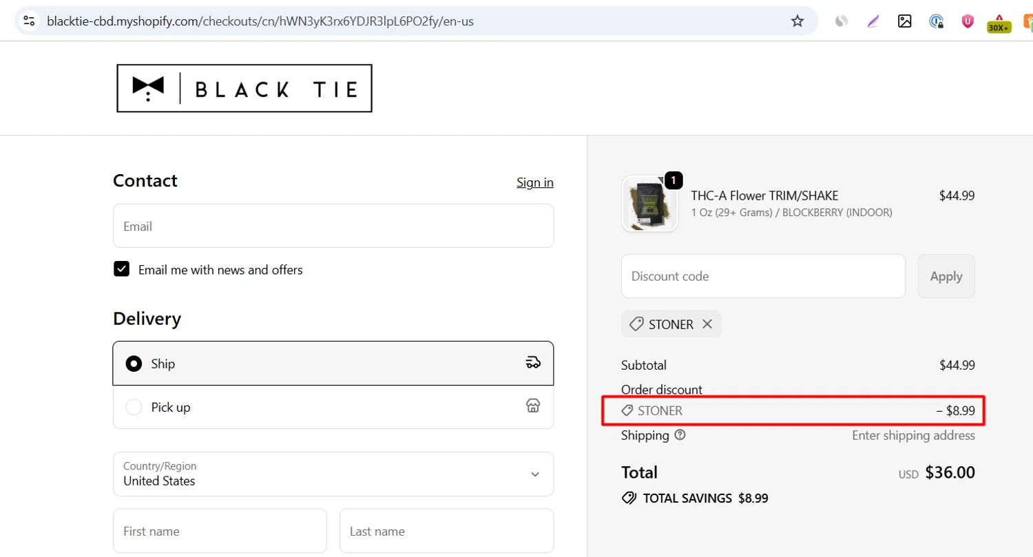Black Tie CBD discount code screenshot showing code STONER applied at Black Tie CBD checkout page. Uploaded by SimplyCodes community member Couponholic on Oct 17, 2025