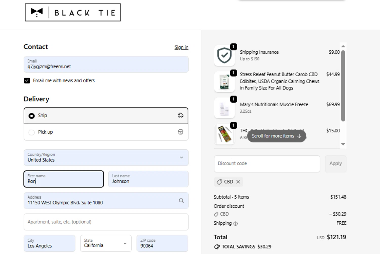 Black Tie CBD discount code screenshot showing code CBD applied at Black Tie CBD checkout page. Uploaded by SimplyCodes community member SimplyCVerlie on Oct 13, 2025