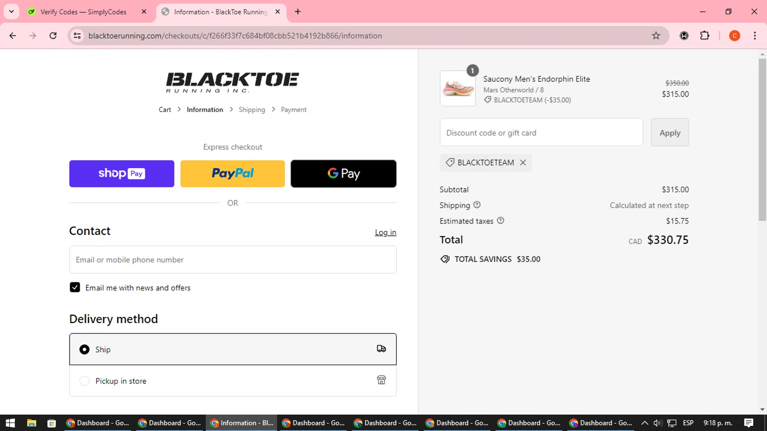 BlackToe Running checkout page showing BlackToe Running discount code box | Screenshot taken by SimplyCodes community member on Jun 20, 2024