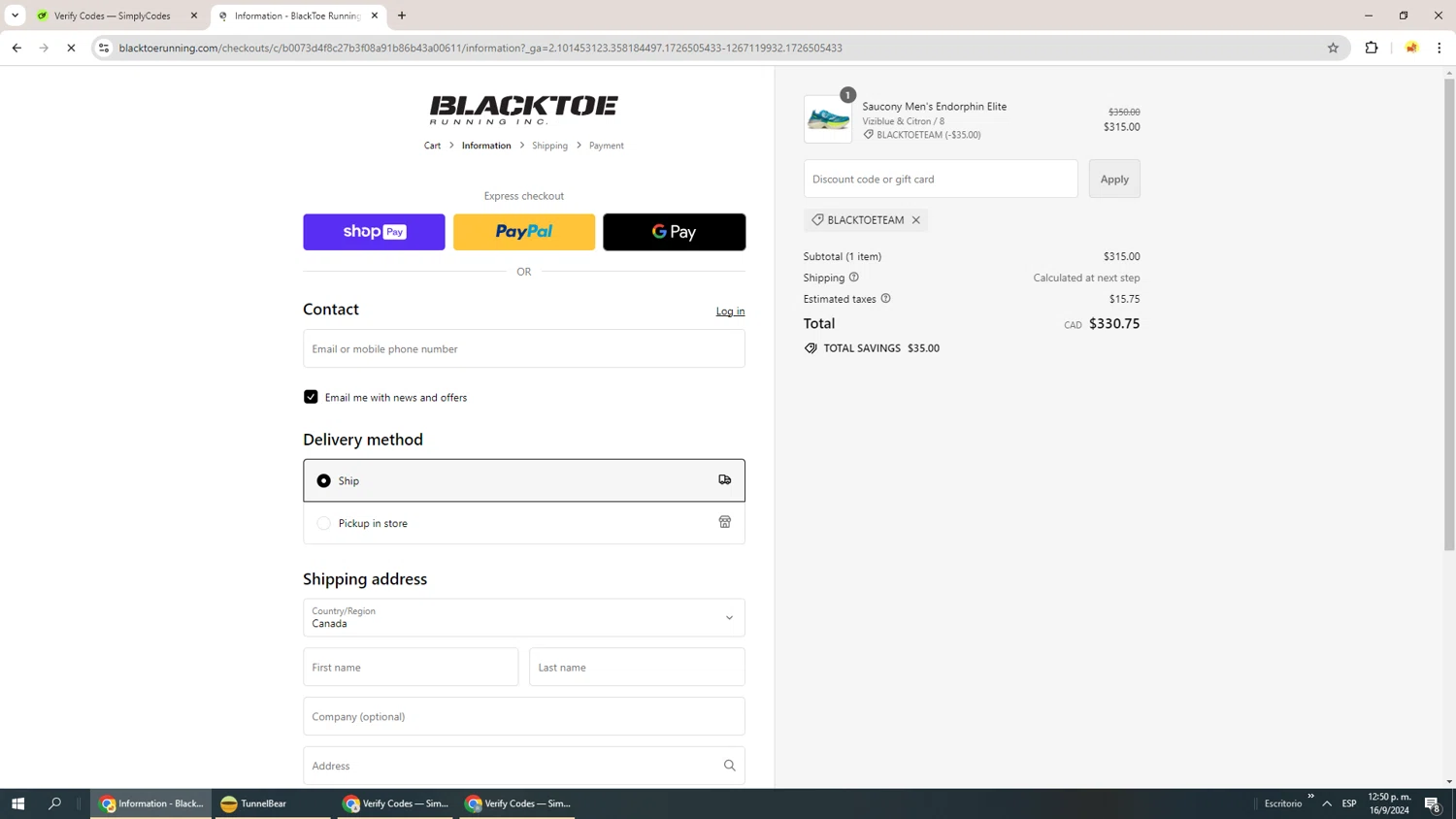 BlackToe Running checkout page showing BlackToe Running discount code box | Screenshot taken by SimplyCodes community member on Sep 16, 2024