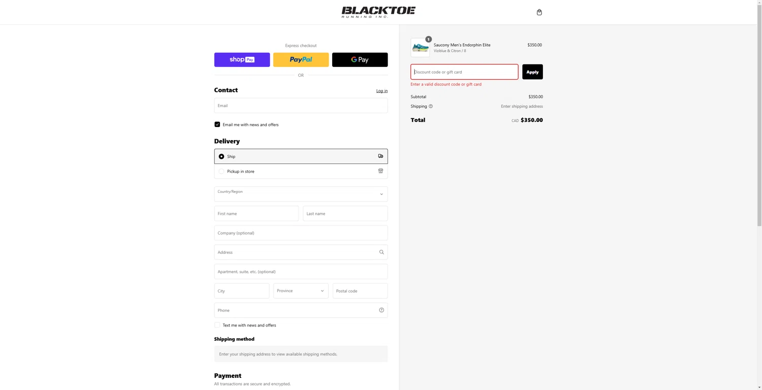 BlackToe Running discount code screenshot showing code BLACKTOETEAM applied at BlackToe Running checkout page. Uploaded by SimplyCodes community member Tenmyoldy on Feb 7, 2025
