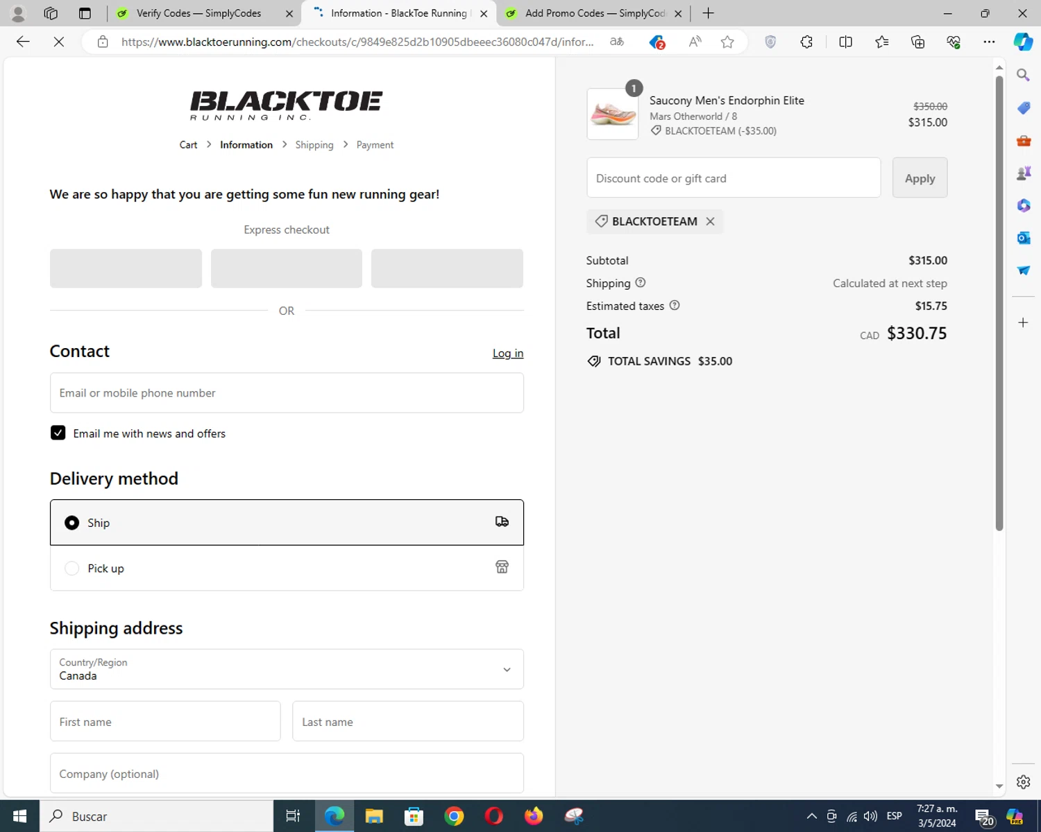 BlackToe Running checkout page showing BlackToe Running discount code box | Screenshot taken by SimplyCodes community member on May 3, 2024