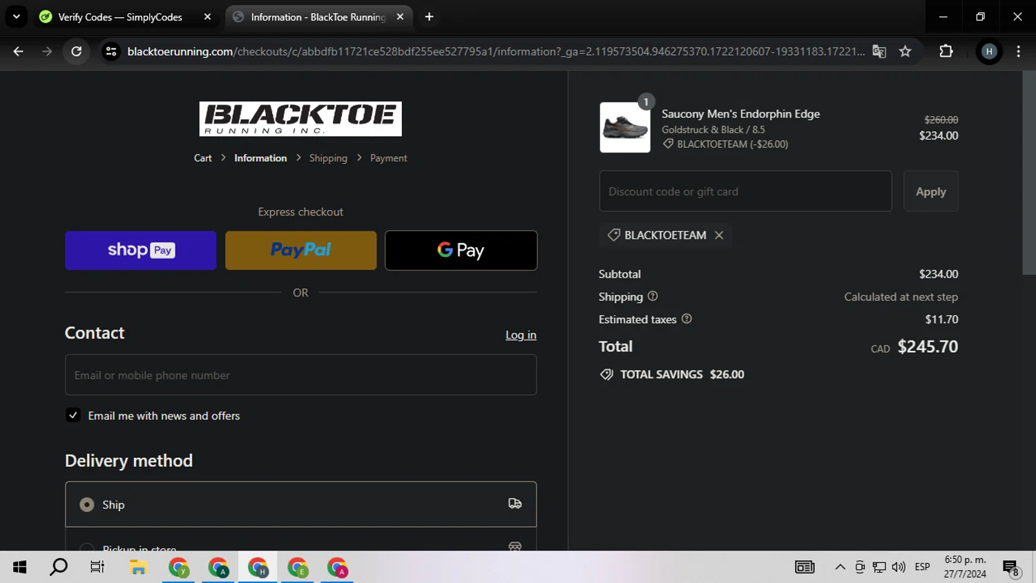 BlackToe Running checkout page showing BlackToe Running discount code box | Screenshot taken by SimplyCodes community member on Jul 27, 2024