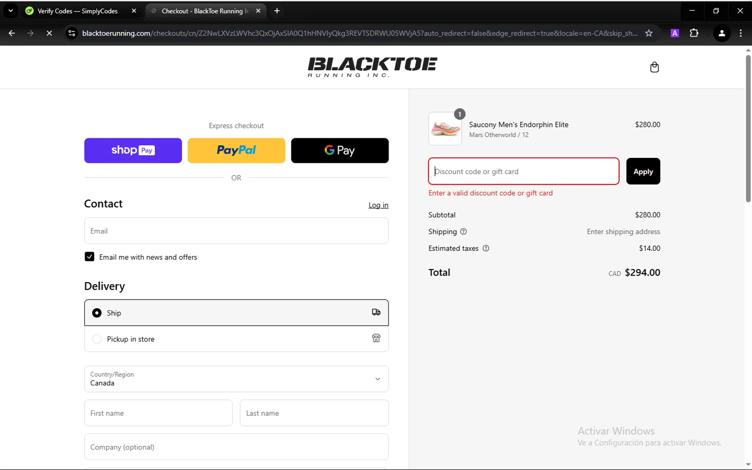 BlackToe Running discount code screenshot showing code BLACKTOETEAM applied at BlackToe Running checkout page. Uploaded by SimplyCodes community member hugofraile on Mar 12, 2025