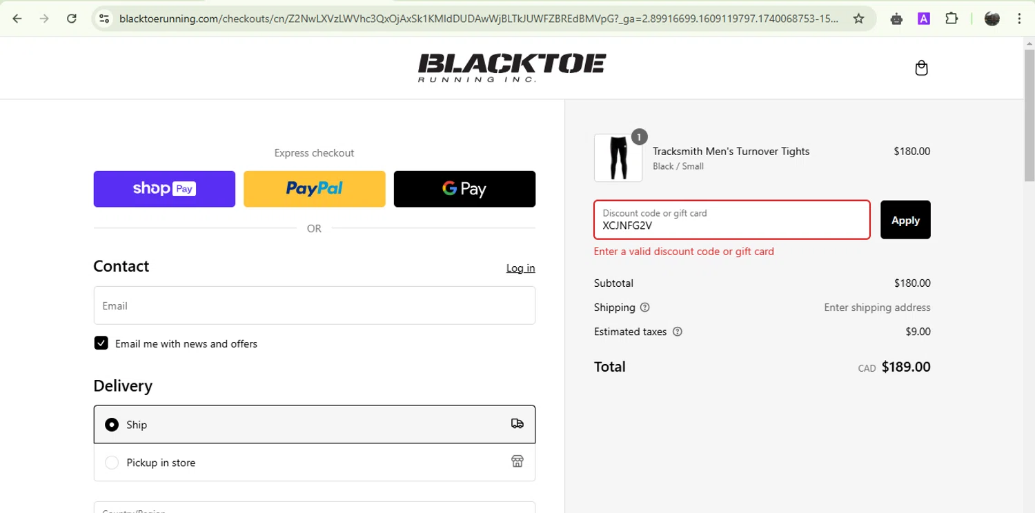BlackToe Running discount code screenshot showing code XCJNFG2V applied at BlackToe Running checkout page. Uploaded by SimplyCodes community member Jesusvasquezzz on Feb 20, 2025