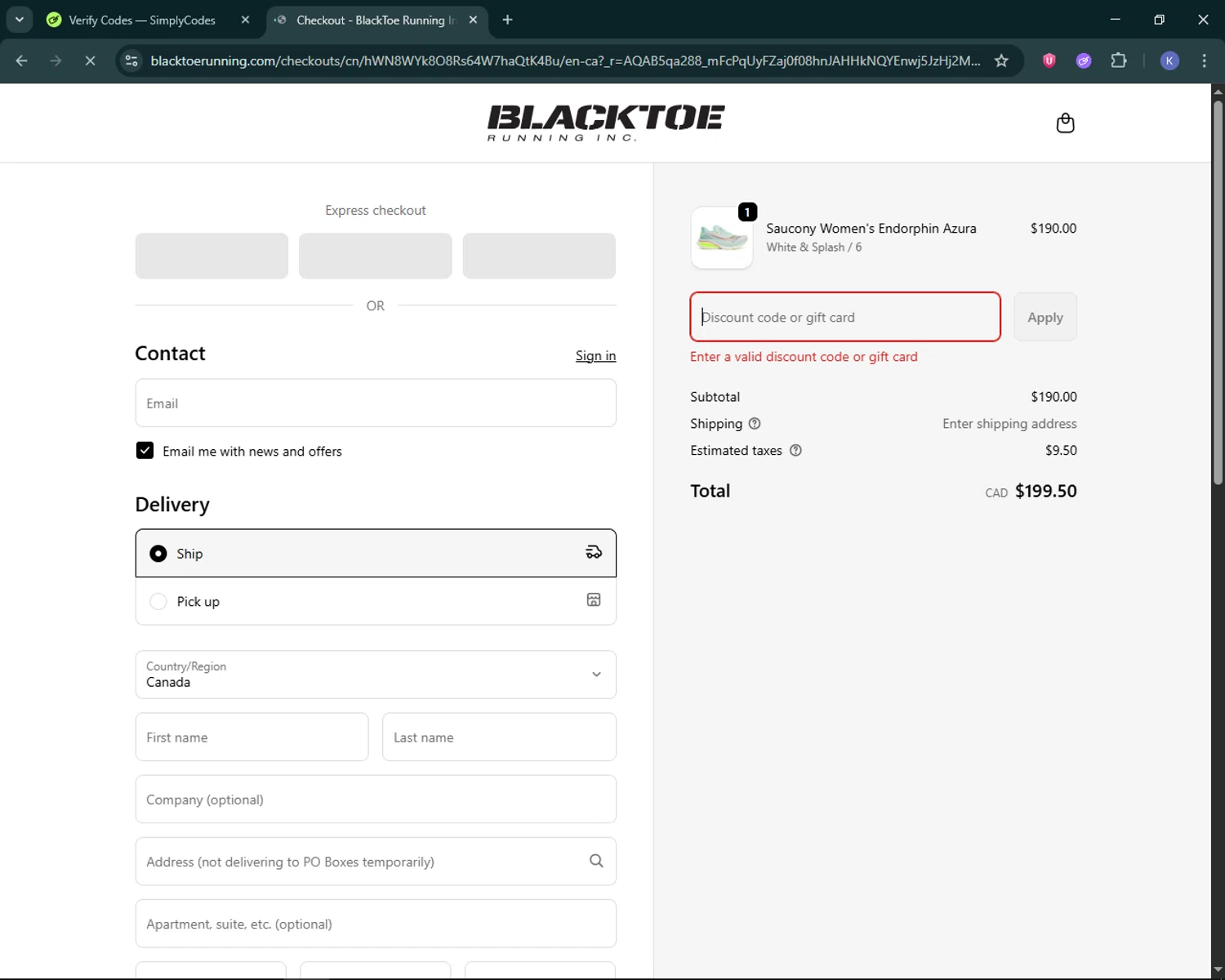BlackToe Running discount code screenshot showing code XCJNFG2V applied at BlackToe Running checkout page. Uploaded by SimplyCodes community member KevLapage on Feb 7, 2026