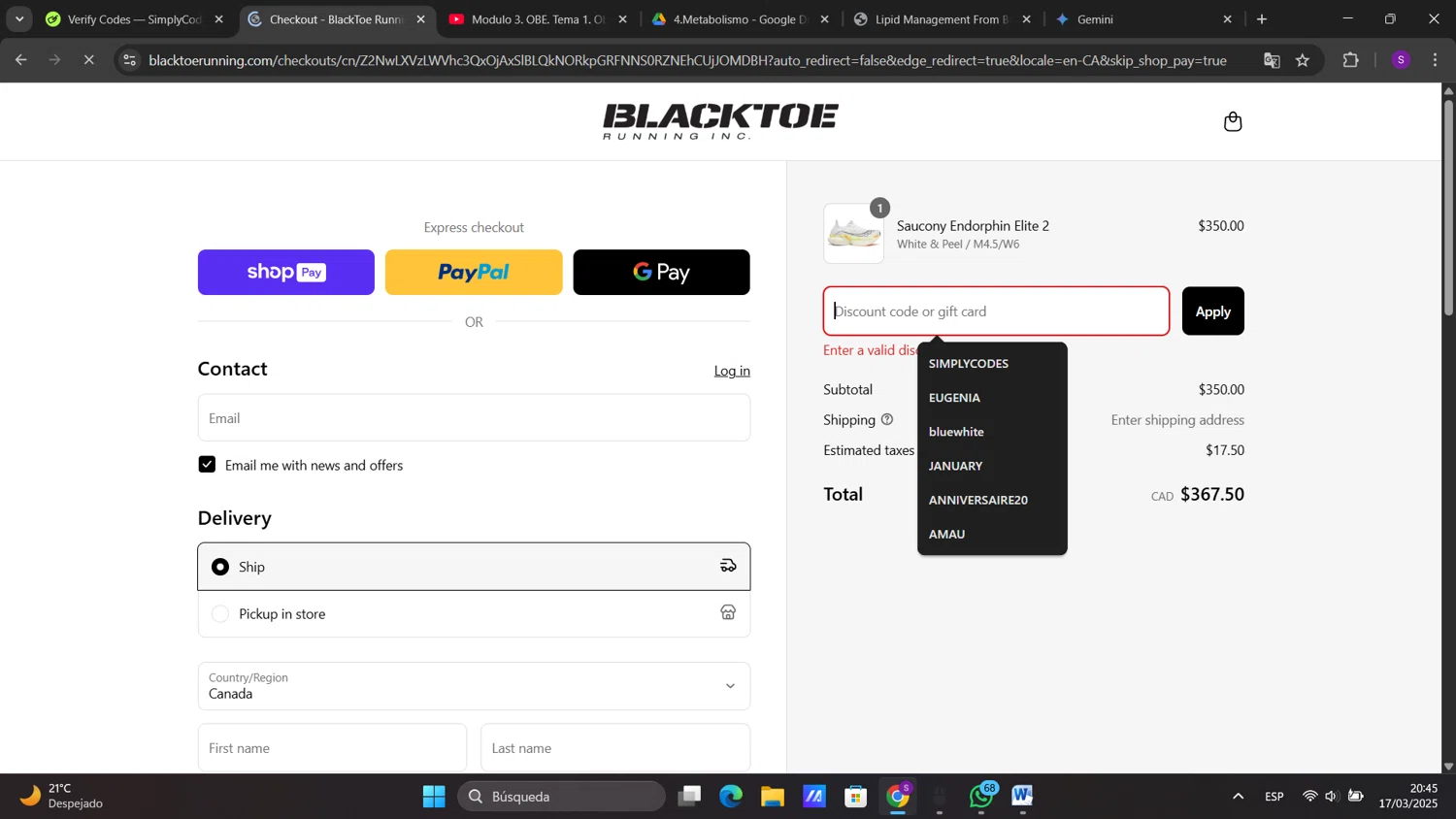 BlackToe Running discount code screenshot showing code XCJNFG2V applied at BlackToe Running checkout page. Uploaded by SimplyCodes community member sorialbam on Mar 18, 2025