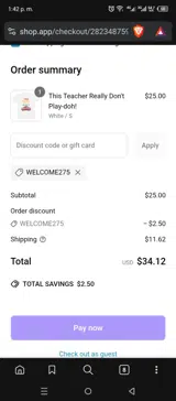 WELCOME275 coupon verification screenshot