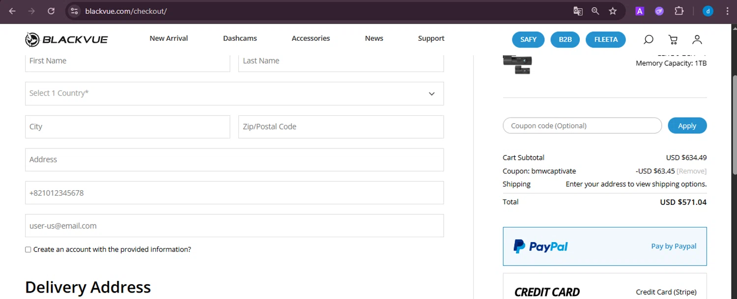 BlackVue coupon code screenshot showing code BMWCAPTIVATE applied at BlackVue checkout page. Uploaded by SimplyCodes community member ShieldKnight4744 on Nov 23, 2025