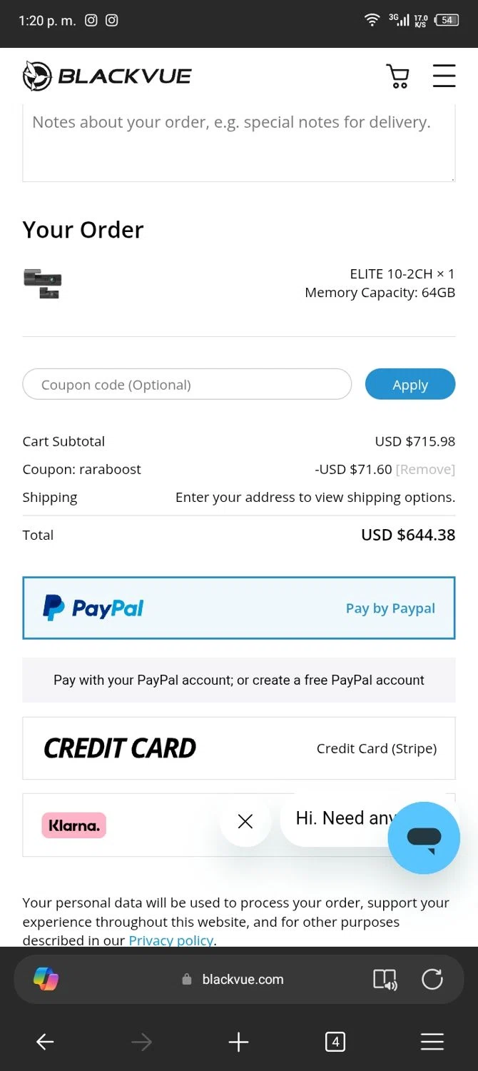 BlackVue checkout page showing BlackVue coupon code box | Screenshot taken by SimplyCodes community member on Feb 11, 2026