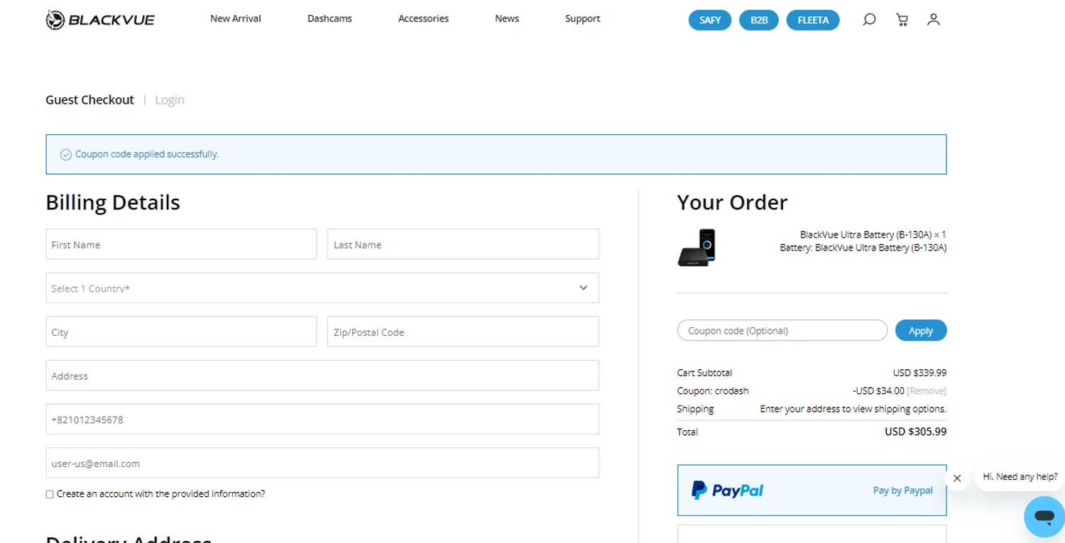 BlackVue coupon code screenshot showing code CRODASH applied at BlackVue checkout page. Uploaded by SimplyCodes community member BonusCollector7885 on Dec 9, 2025