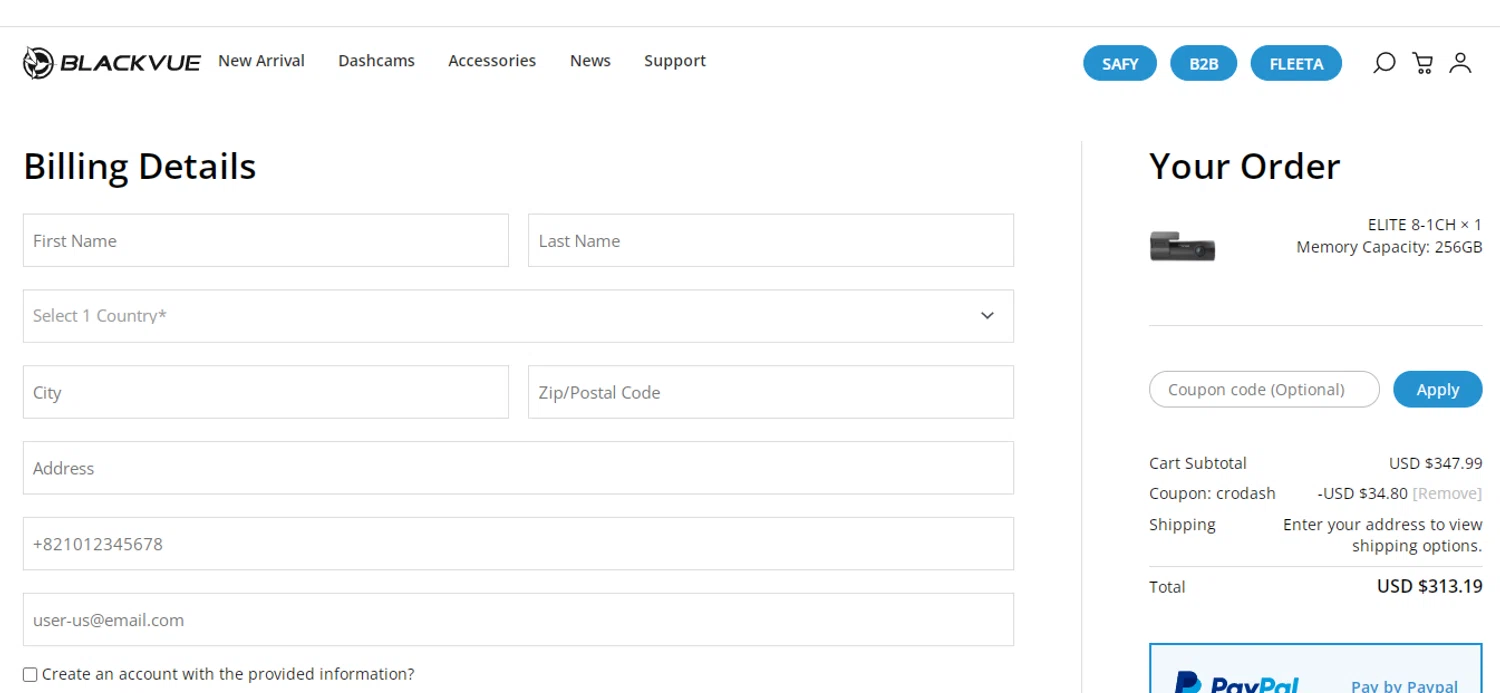BlackVue coupon code screenshot showing code CRODASH applied at BlackVue checkout page. Uploaded by SimplyCodes community member obito1234 on Nov 9, 2025