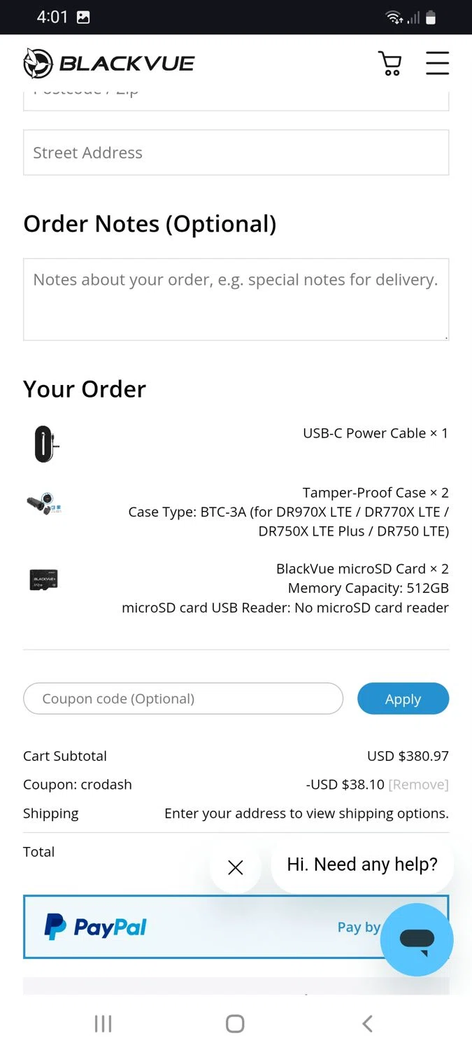 BlackVue coupon code screenshot showing code CRODASH applied at BlackVue checkout page. Uploaded by SimplyCodes community member tulioriera on Oct 31, 2025