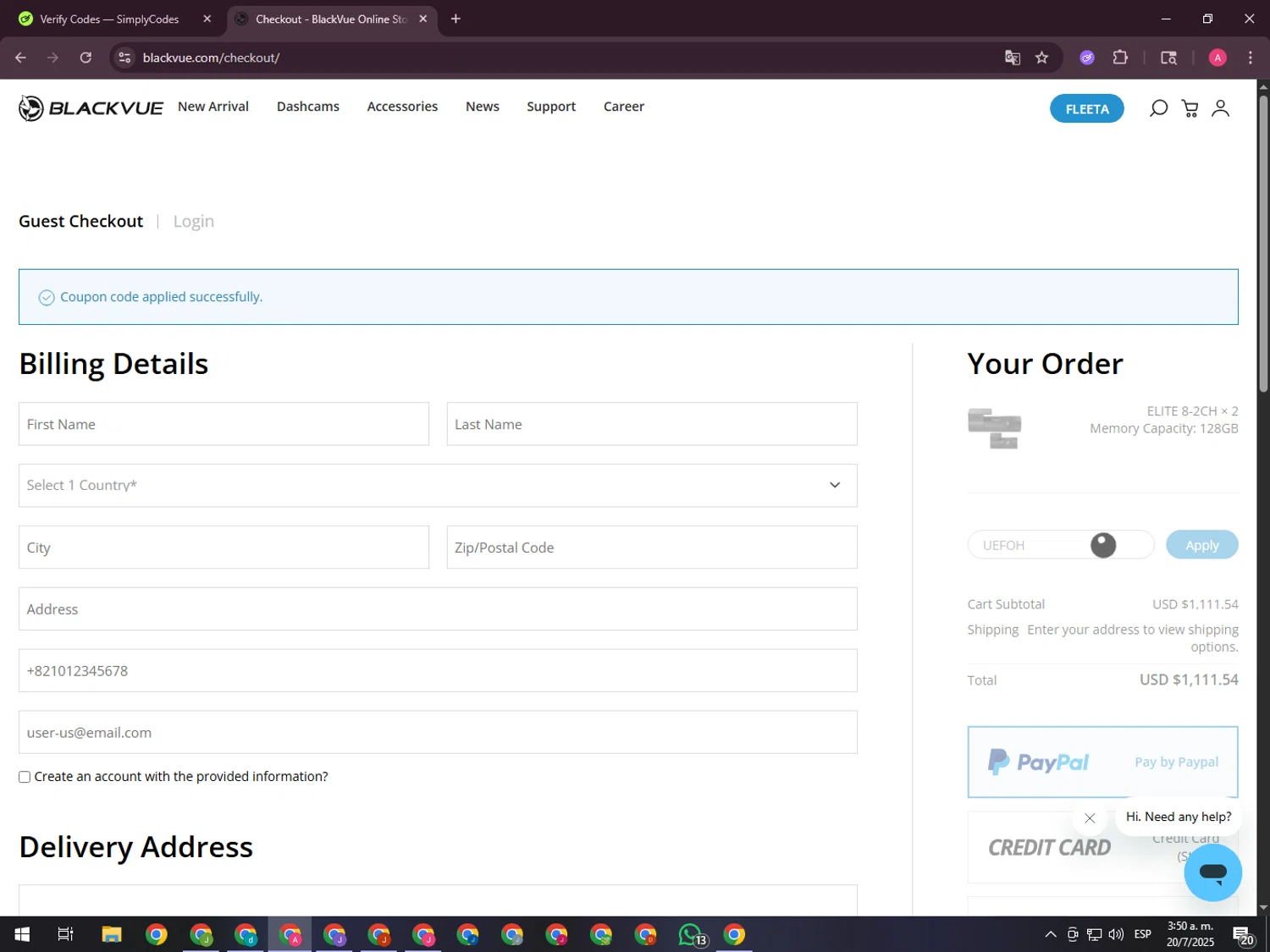 BlackVue coupon code screenshot showing code UEFOH applied at BlackVue checkout page. Uploaded by SimplyCodes community member CrownHawk3462 on Jul 20, 2025