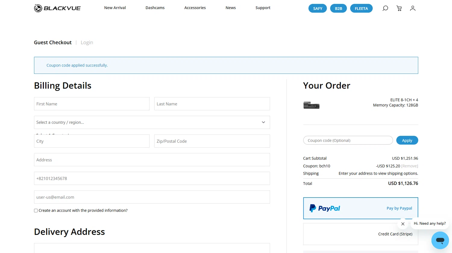 BlackVue coupon code screenshot showing code BCH10 applied at BlackVue checkout page. Uploaded by SimplyCodes community member Ricacocaina on Dec 13, 2025