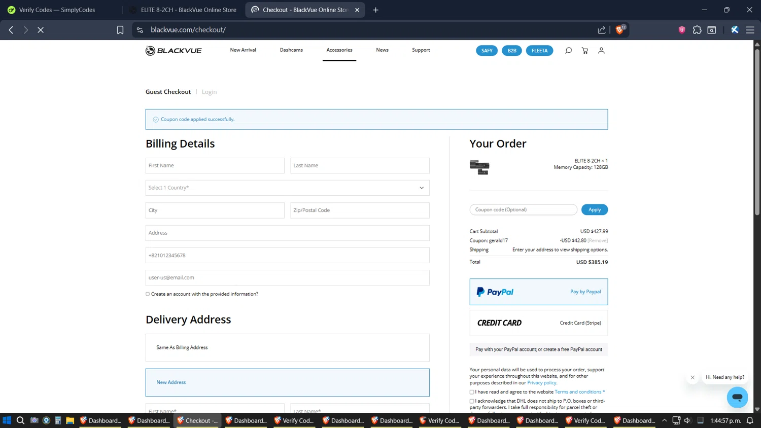 BlackVue coupon code screenshot showing code GERALD17 applied at BlackVue checkout page. Uploaded by SimplyCodes community member Jgomez on Dec 3, 2025
