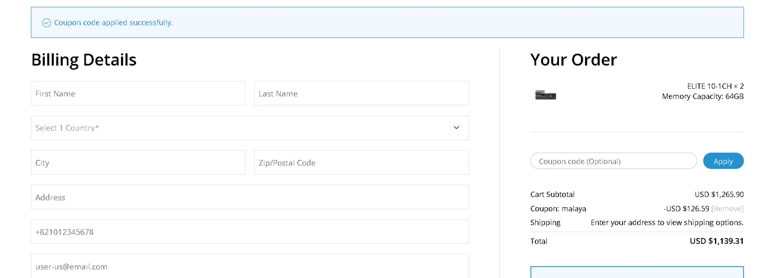 BlackVue promo code screenshot showing code malaya applied at BlackVue checkout page. Uploaded by SimplyCodes community member goldhooh on Feb 20, 2026