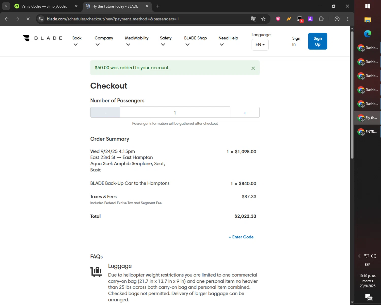 Blade checkout page showing Blade promo code box | Screenshot taken by SimplyCodes community member on Sep 23, 2025
