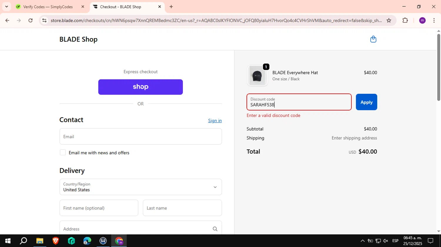 Blade promo code screenshot showing code SARAHF538 applied at Blade checkout page. Uploaded by SimplyCodes community member VictoriousCurator6515 on Dec 25, 2025