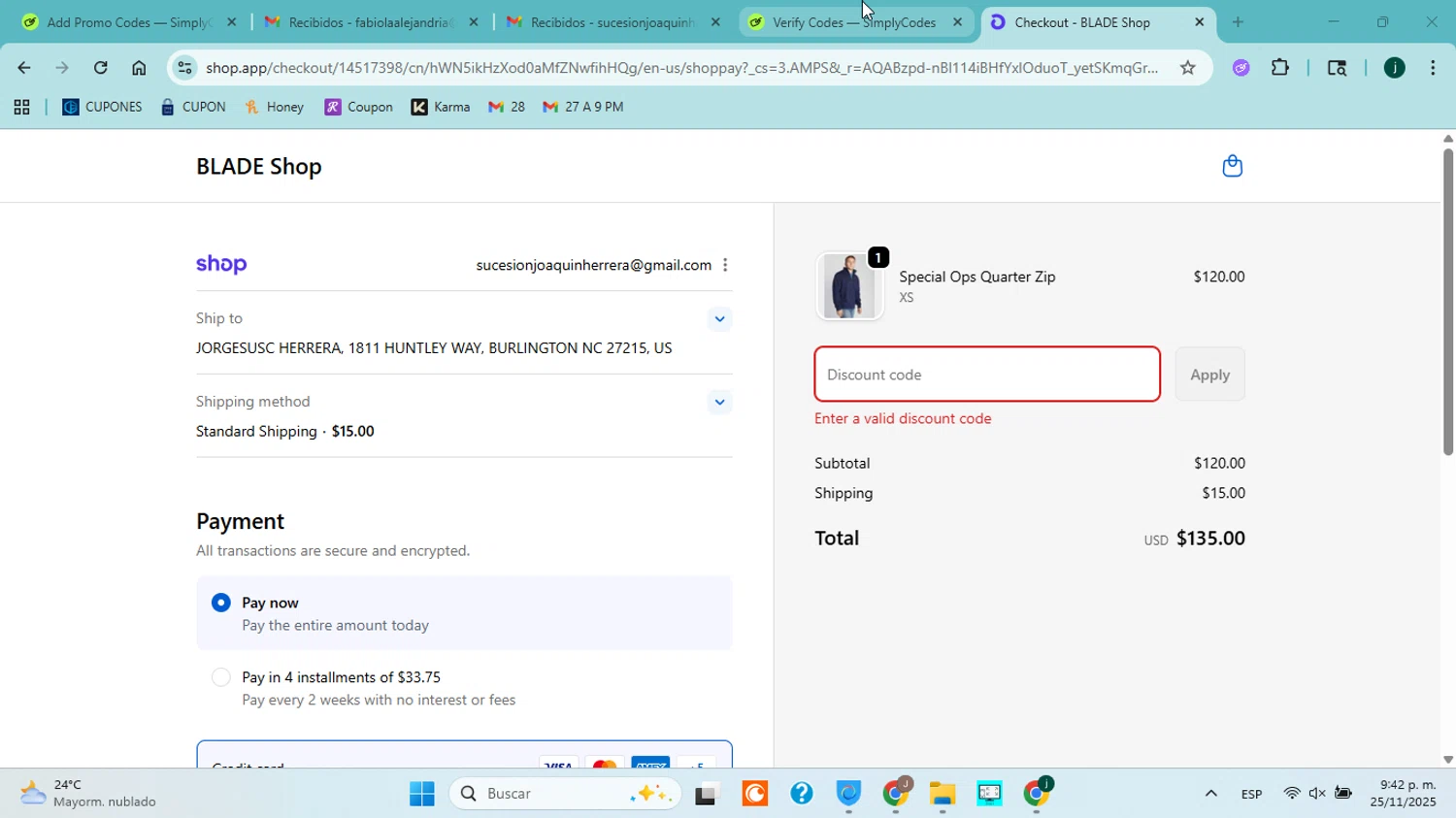 Blade promo code screenshot showing code SARAHF538 applied at Blade checkout page. Uploaded by SimplyCodes community member jorgejavierherrera on Nov 26, 2025